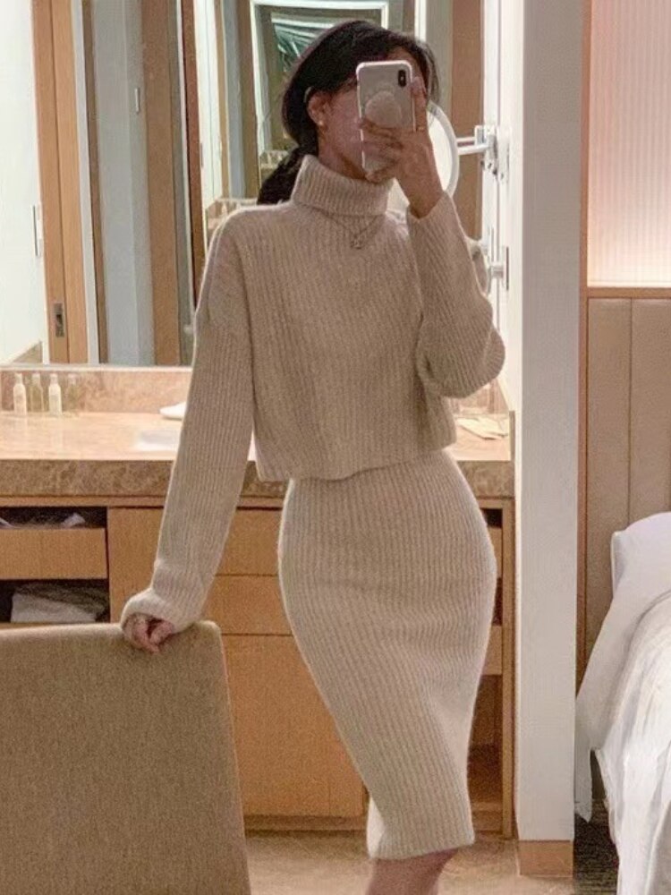 Dresses for Women 2022 Knitted Dress Autumn Winter New Wool Dress Set Skirt Two Piece Sets Womens Outifits Long Sleeve Sweaters -  - DINIBLO 