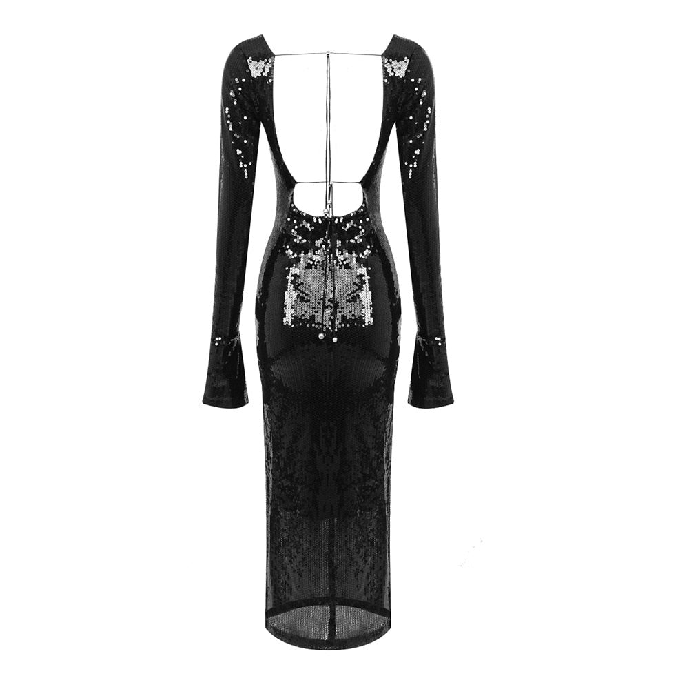 Sequined Black Maxi Dress with Open Back -  - DINIBLO 