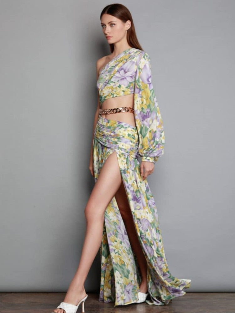 Asymmetrical Purple Floral Maxi Dress -  - DINIBLO 