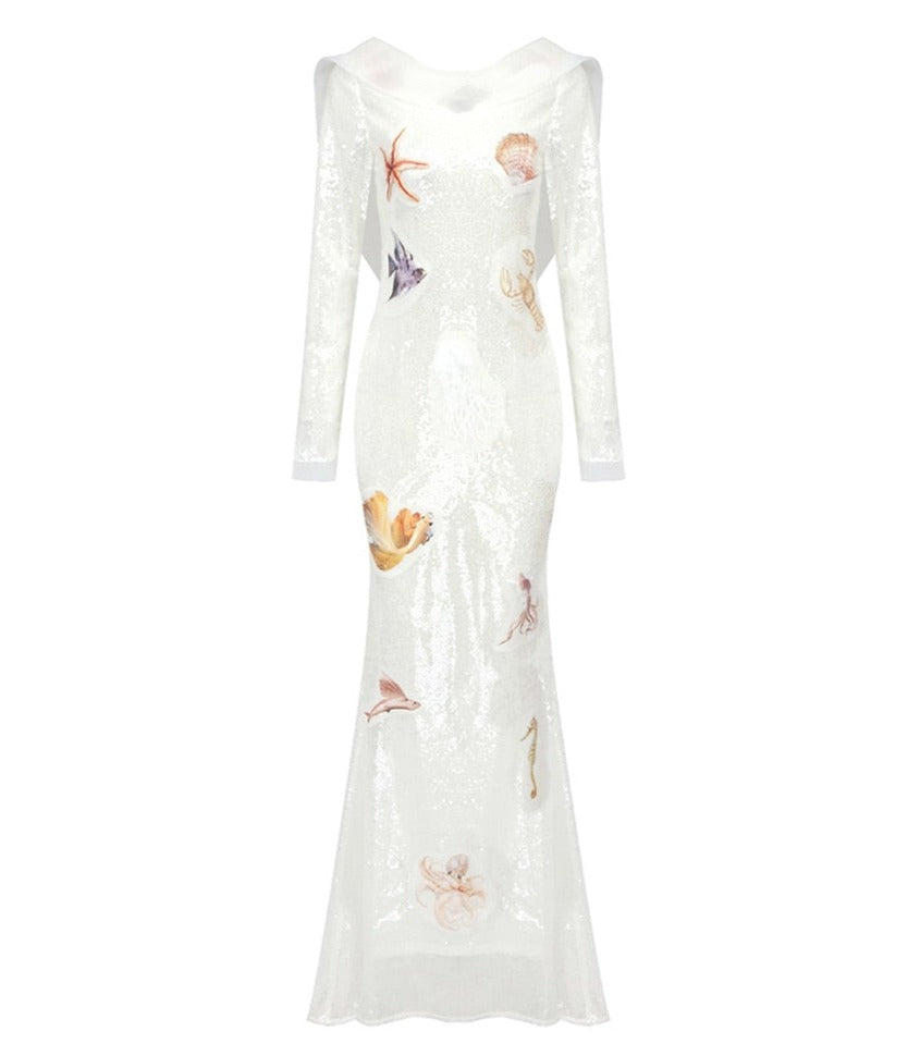 Marine Sequined White Maxi Dress -  - DINIBLO 