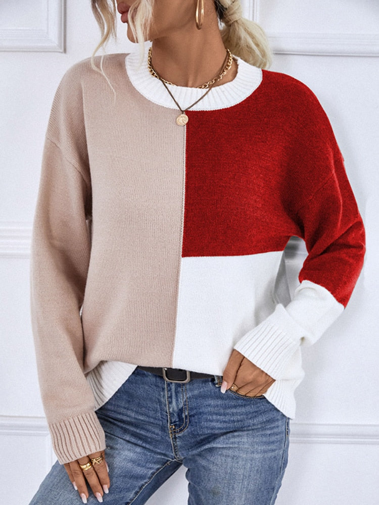 Long Sleeve Top Women Clothing New Color Contrast Round Neck Knitted Pullover Casual Loose Sweater Streetwear Autumn Winter 2023 -  - DINIBLO 