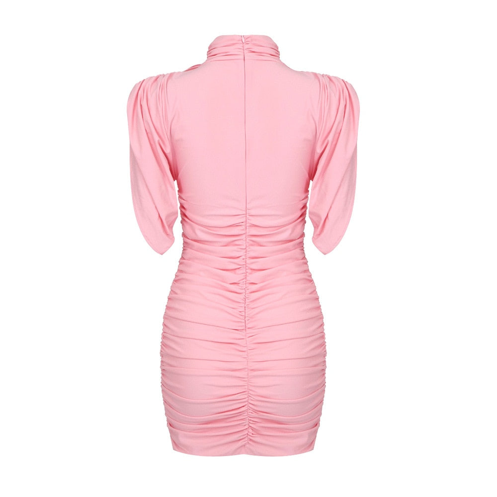 Ruffles Pink Mini Dress with Neck Flower -  - DINIBLO 