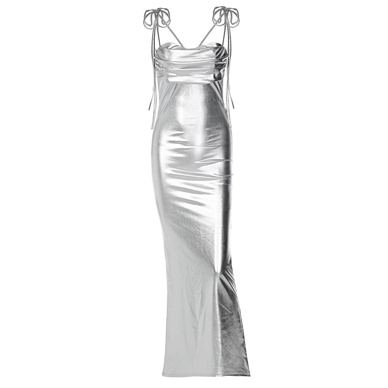 Form-Fitting Silver Maxi Dress -  - DINIBLO 