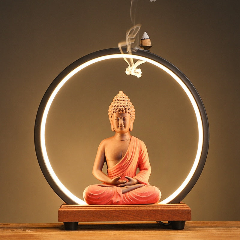 LED Buddha Monk Zen Backflow Incense Burner Ornament For Living Room Yoga Meditation - Incense Holders - DINIBLO 