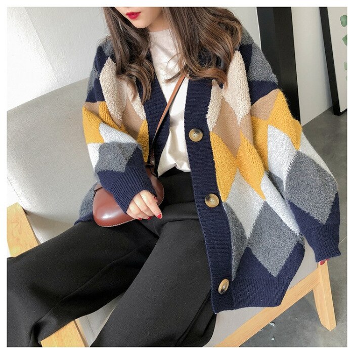 Luxury Cardigans Plaid Loose Button Puff Sleeve Knitted Cardigan Female Warm Y2K Tops Sweaters S-XL Long Cardigans Women 2023 -  - DINIBLO 