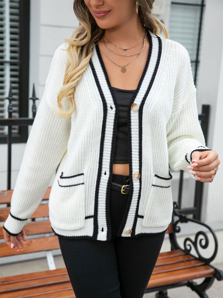 Fashion Women Sweaters 2023 New Contrast Pocket Coat Korean Fashion Women Cardigan Autumn Winter Streetwear Tops White Cardigan -  - DINIBLO 