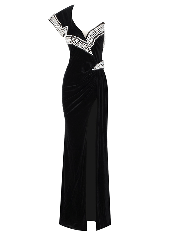 Black One Shoulder Maxi Dress with Slit -  - DINIBLO 