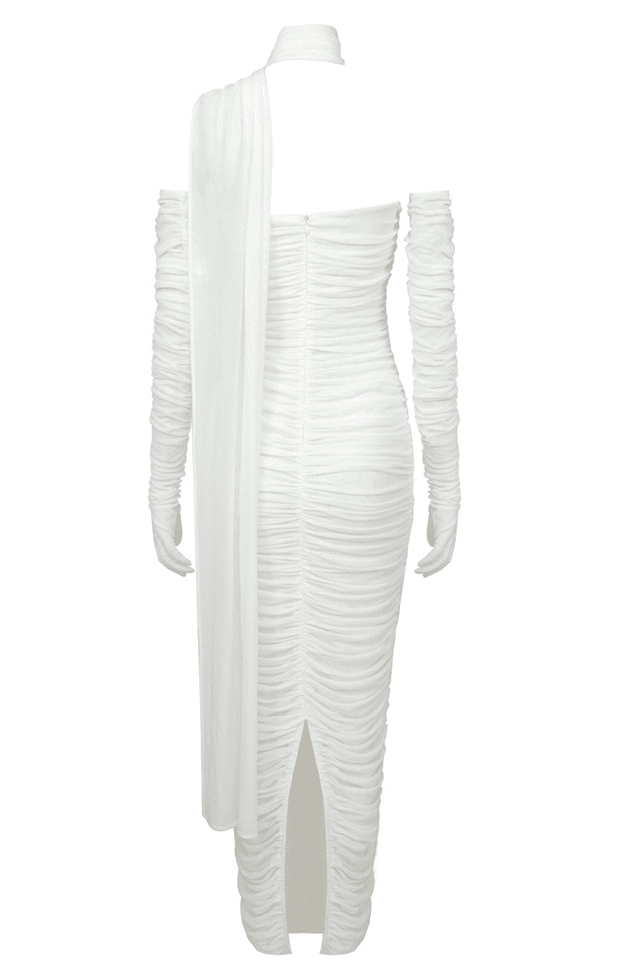 Draped  White Maxi Dress with Gloves -  - DINIBLO 