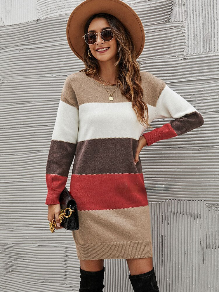 Tops Women 2022 Autumn Winter New Round Neck Sweater Women's Color Matching Dress Long Sweater Long Sleeve Pullover Streetwear -  - DINIBLO 