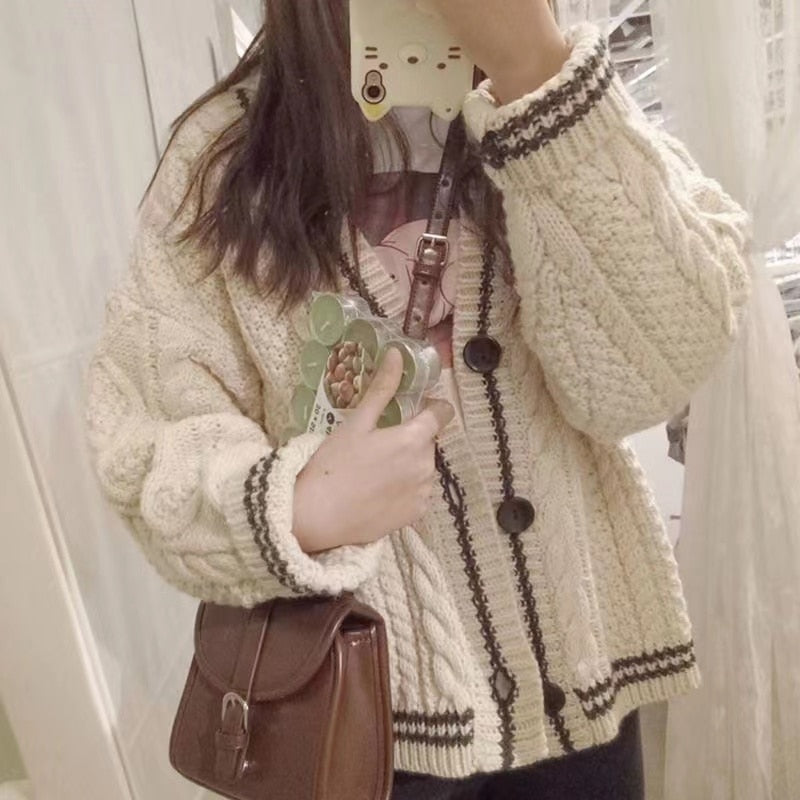 Beige Star Cute College Single Breasted Sweater Women 2022 Autumn Korean Woman Sweaters Contrast Color V-neck Knitted Cardigan -  - DINIBLO 