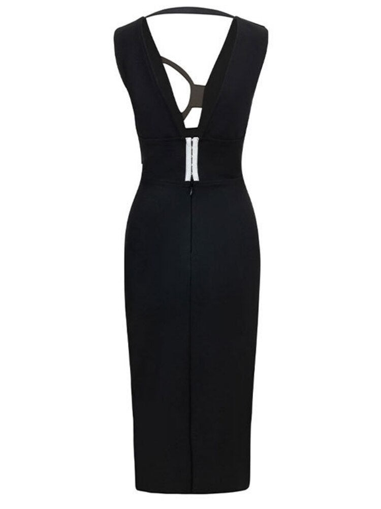 Black Slit Midi Dress with Deep Neckline -  - DINIBLO 