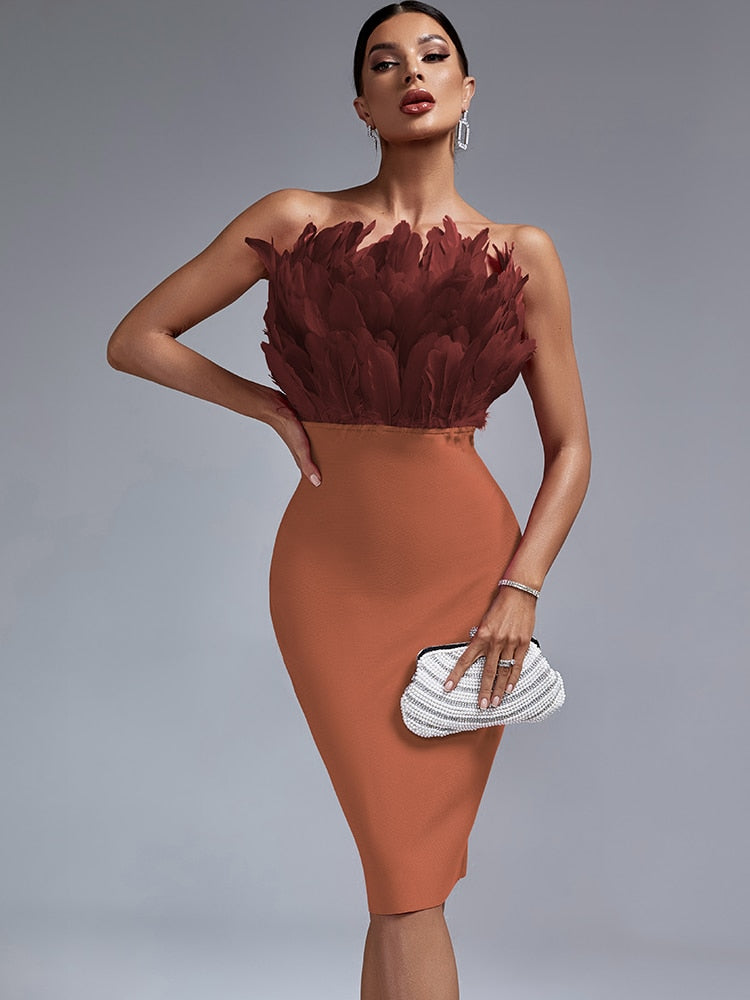 Feathered Chic Midi Party Dress - Dresses - DINIBLO 