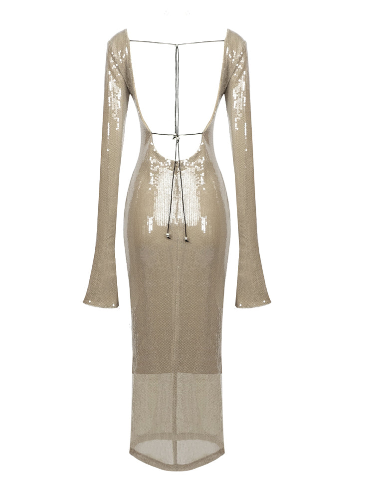 Sequined Beige Maxi Dress -  - DINIBLO 