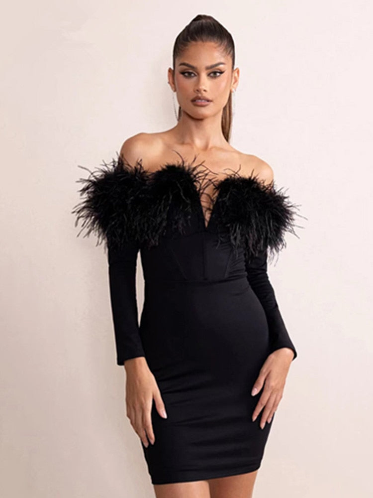 Off Shoulder Feather Mini Dress - Dresses - DINIBLO 