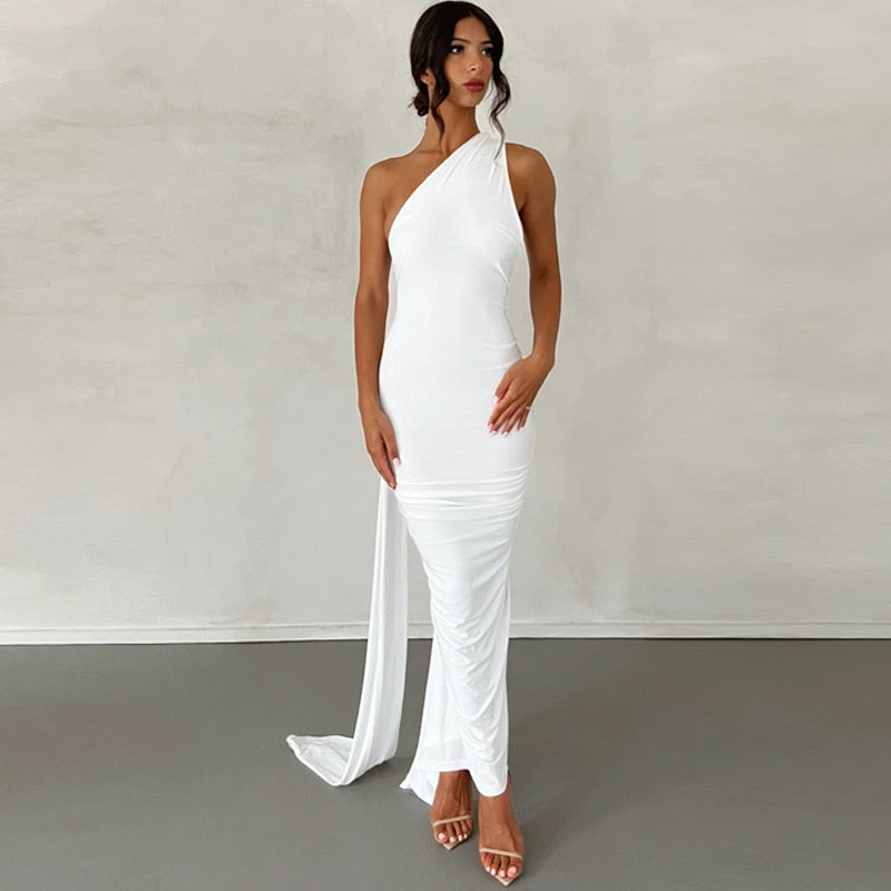 Draped Maxi Dress with Asymmetrical Neckline -  - DINIBLO 