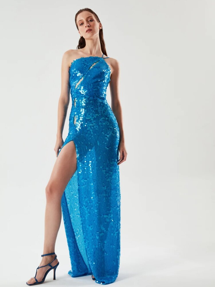 Blue Sequin High Split Gown - Dresses - DINIBLO 