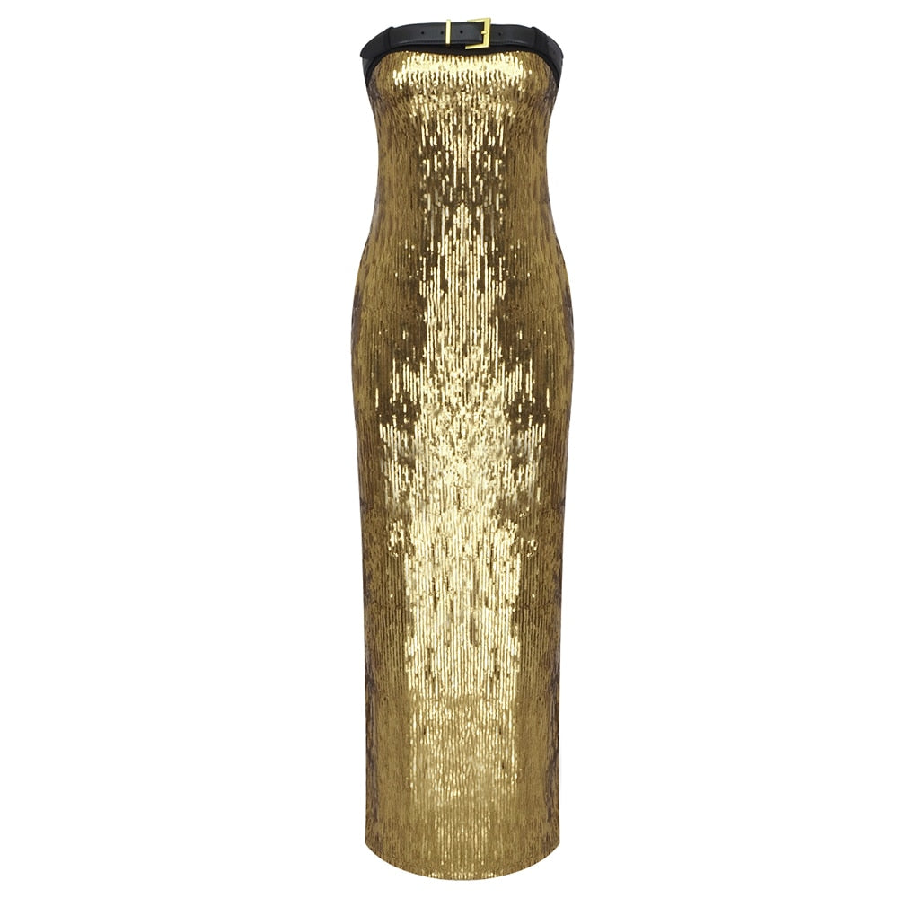 Gold Sequin Strapless Slip Dress - Dresses - DINIBLO 