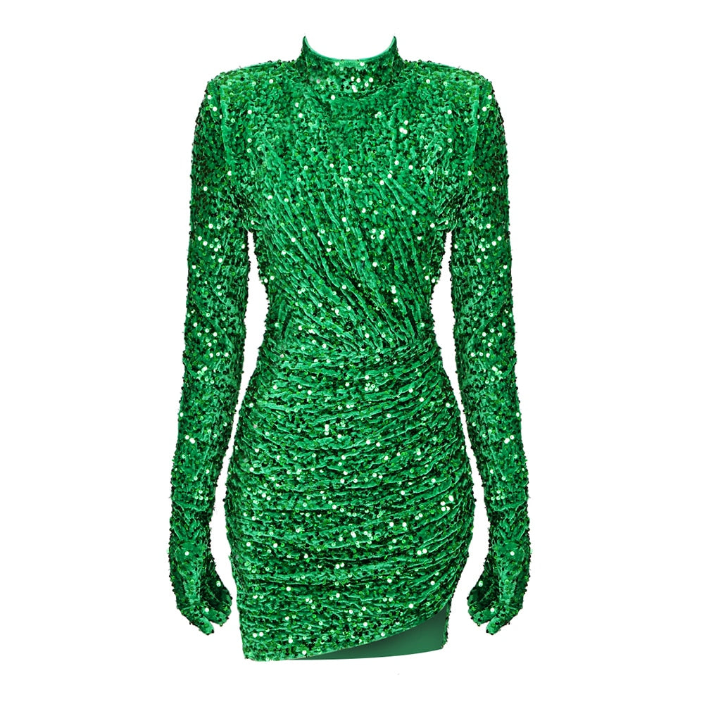 Green Mini Dress with Long Glove Sleeves -  - DINIBLO 