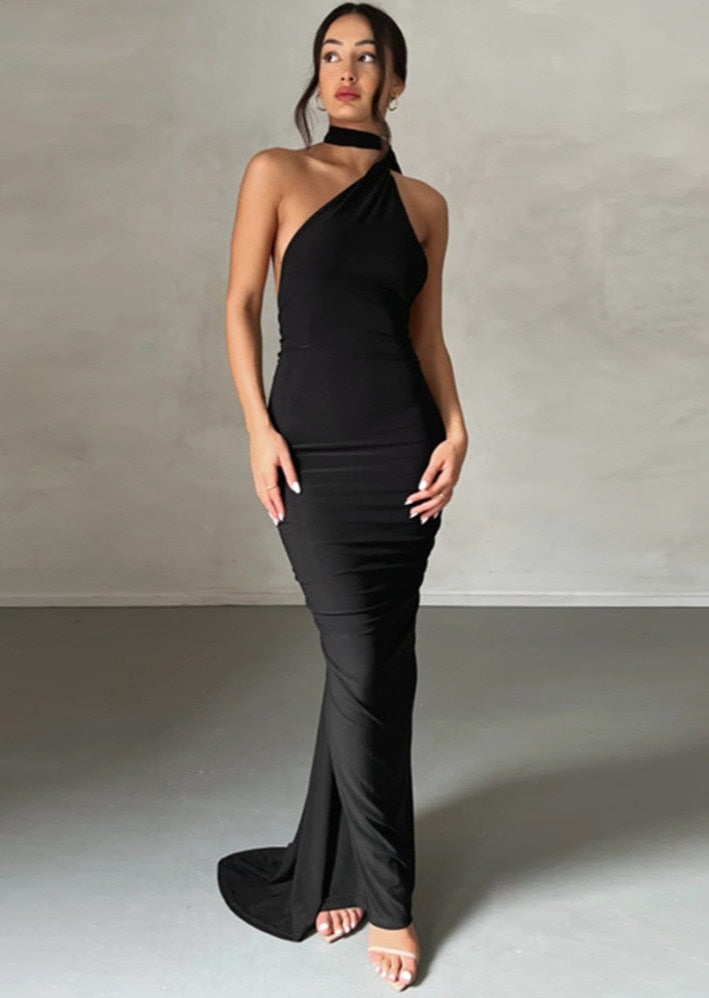 Draped Black Maxi Dress with Asymmetrical Neckline -  - DINIBLO 