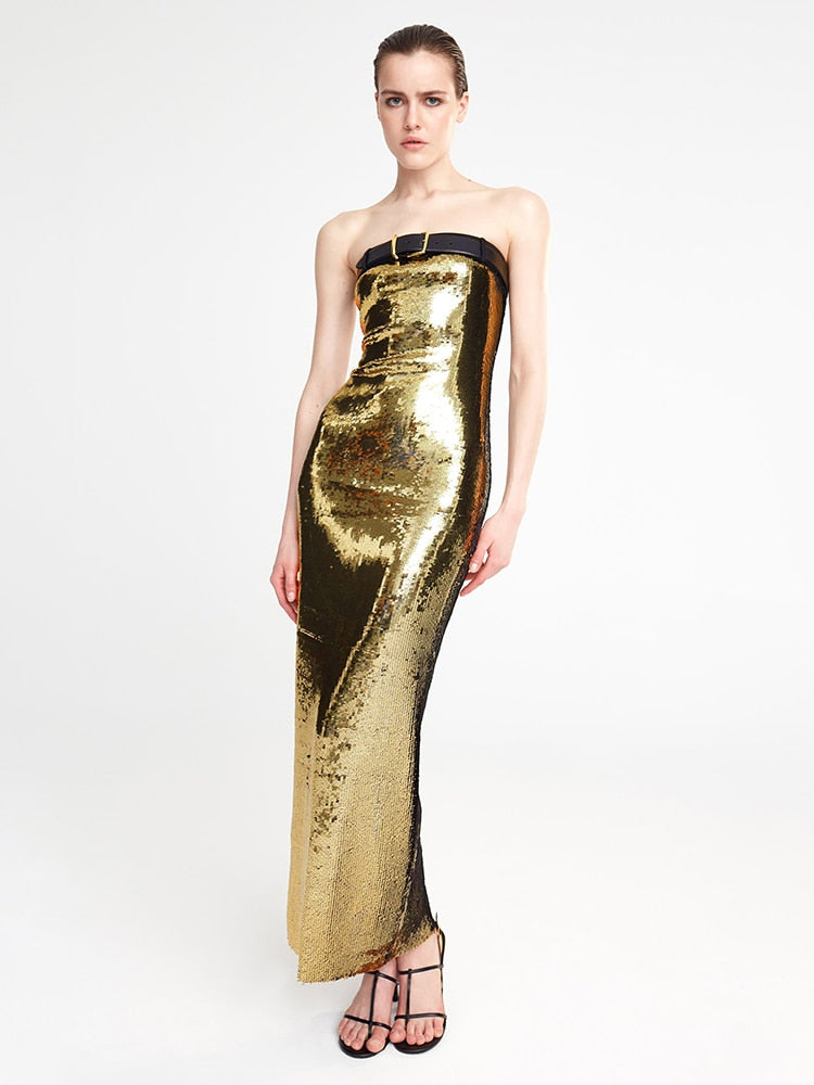 Gold Sequin Strapless Slip Dress - Dresses - DINIBLO 