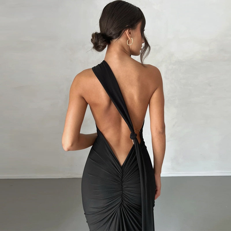 Draped Black Maxi Dress with Asymmetrical Neckline -  - DINIBLO 