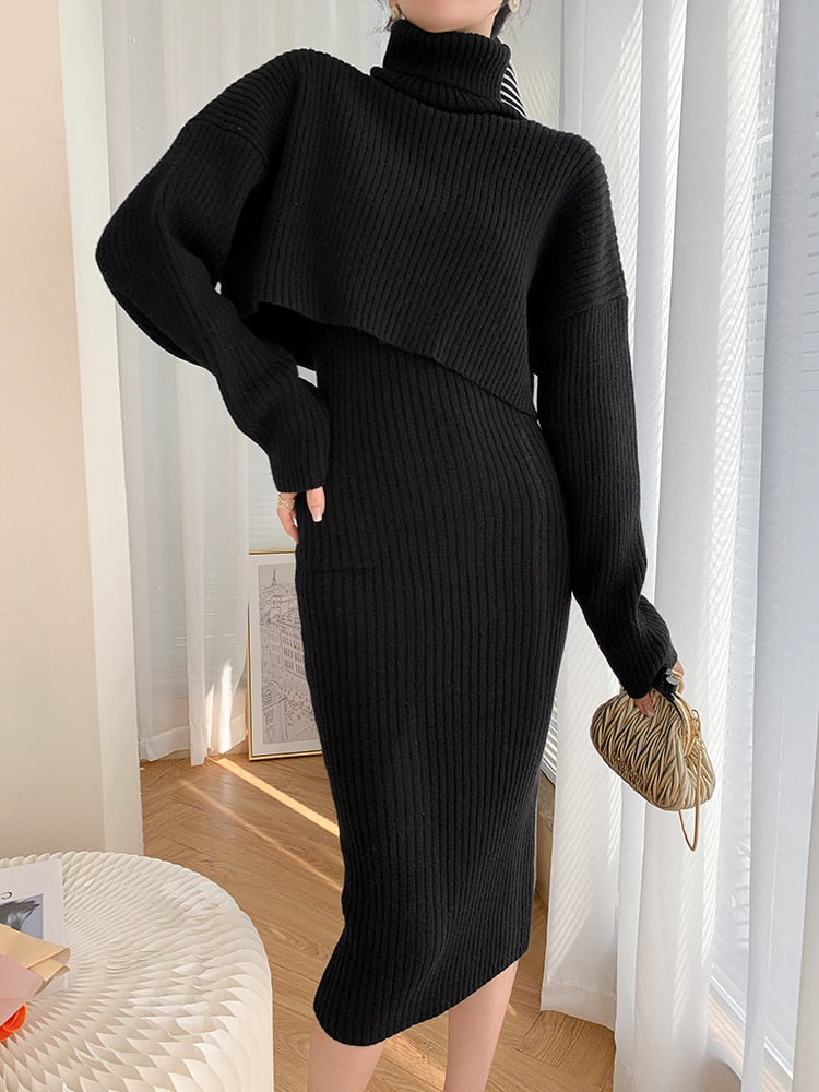 Dresses for Women 2022 Knitted Dress Autumn Winter New Wool Dress Set Skirt Two Piece Sets Womens Outifits Long Sleeve Sweaters -  - DINIBLO 