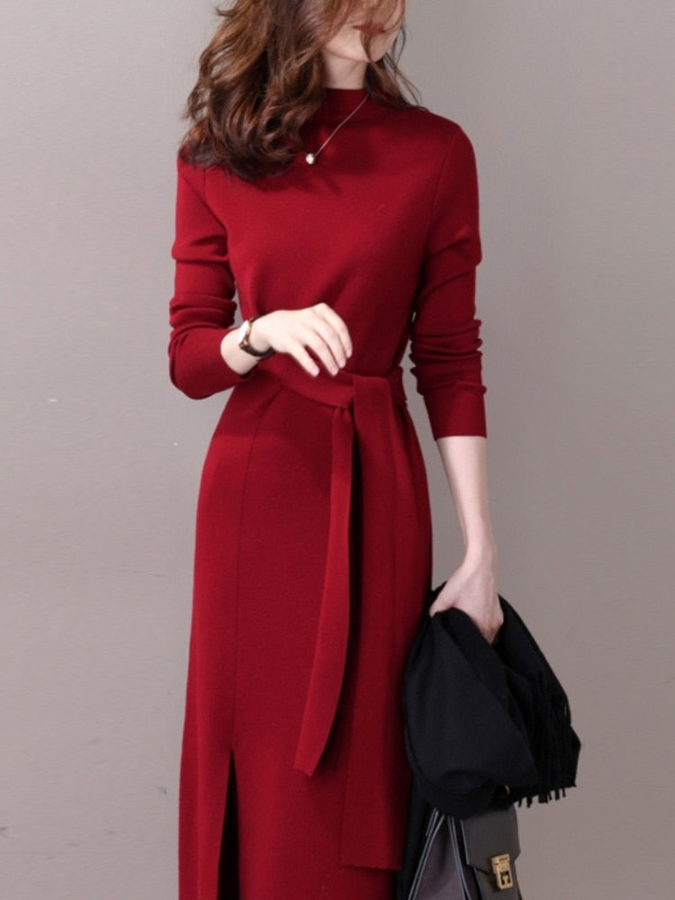 Half-necked Knitted Dress Women's Autumn Winter New Strap Temperament Split Base Sweater Skirt Dress for Women Sweaters Pullover -  - DINIBLO 