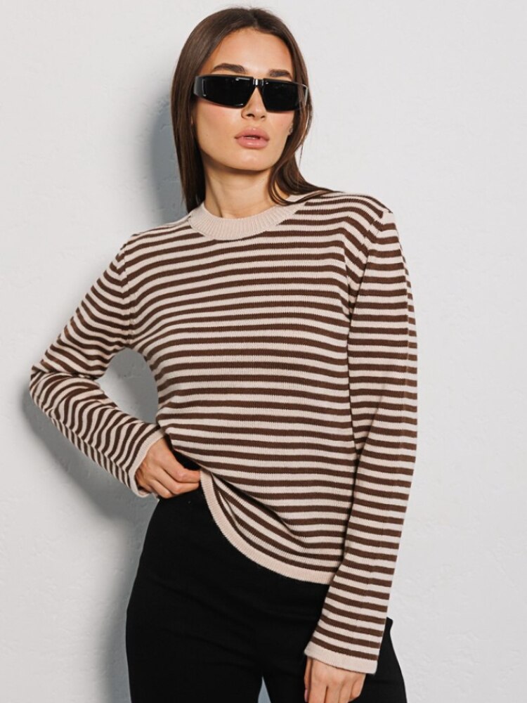 Striped Women's Sweater New Fashion Thread Contrast Round Neck Knit Pullover Office Lady Loose Knitwears Womens Clothing Tops -  - DINIBLO 