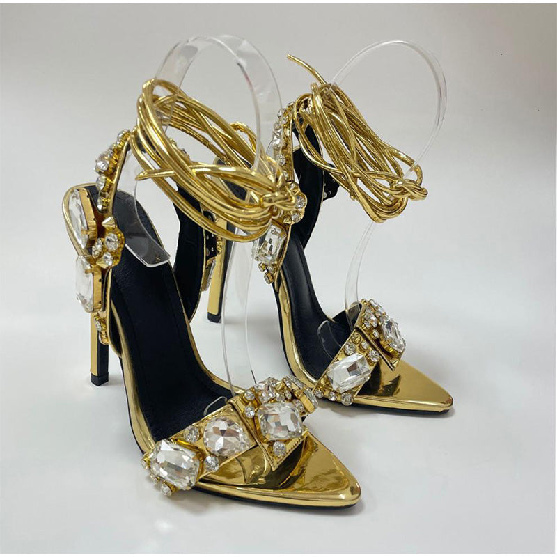 Women Sandals Female Pu Pointed Toe Crystal Fashion -  - DINIBLO 