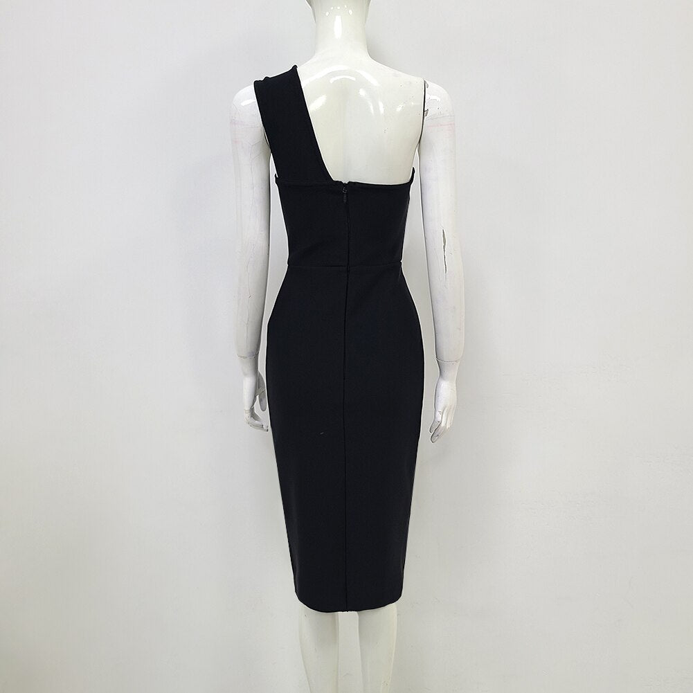 One Shoulder Black Midi Dress - Dresses - DINIBLO 