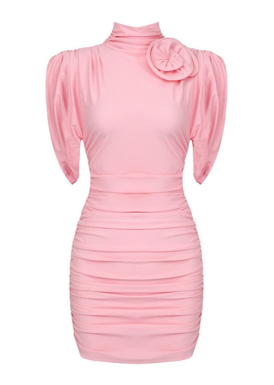 Ruffles Pink Mini Dress with Neck Flower -  - DINIBLO 