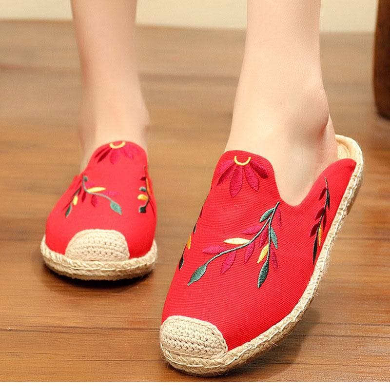 Simple Splicing Red Cotton Fabric Embroideried Slippers Shoes - Slide Sandals - DINIBLO 