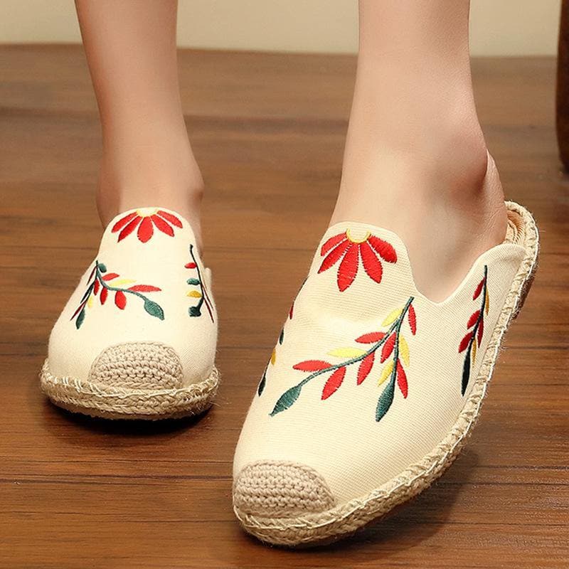 Simple Splicing Red Cotton Fabric Embroideried Slippers Shoes - Slide Sandals - DINIBLO 