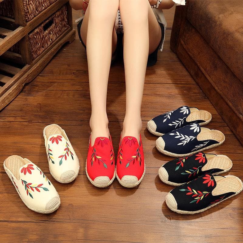 Simple Splicing Red Cotton Fabric Embroideried Slippers Shoes - Slide Sandals - DINIBLO 