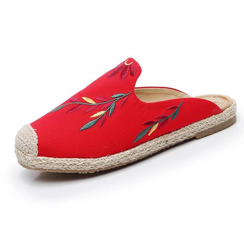 Simple Splicing Red Cotton Fabric Embroideried Slippers Shoes - Slide Sandals - DINIBLO 