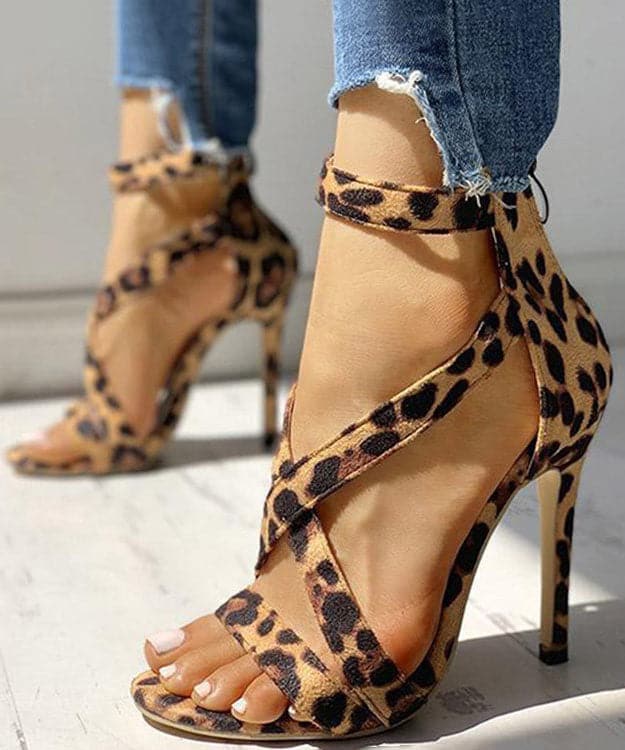 Soft Leopard Print Cross Strap zippered Stiletto Sandals Velour Fabric - High Heels - DINIBLO 