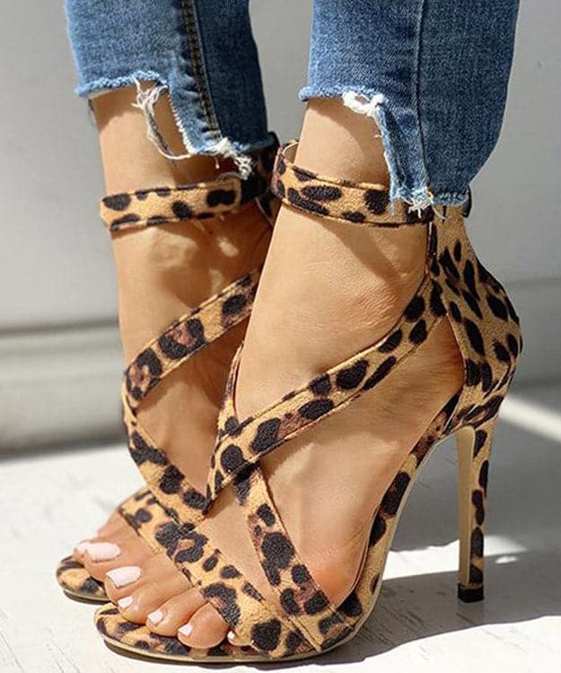 Soft Leopard Print Cross Strap zippered Stiletto Sandals Velour Fabric - High Heels - DINIBLO 