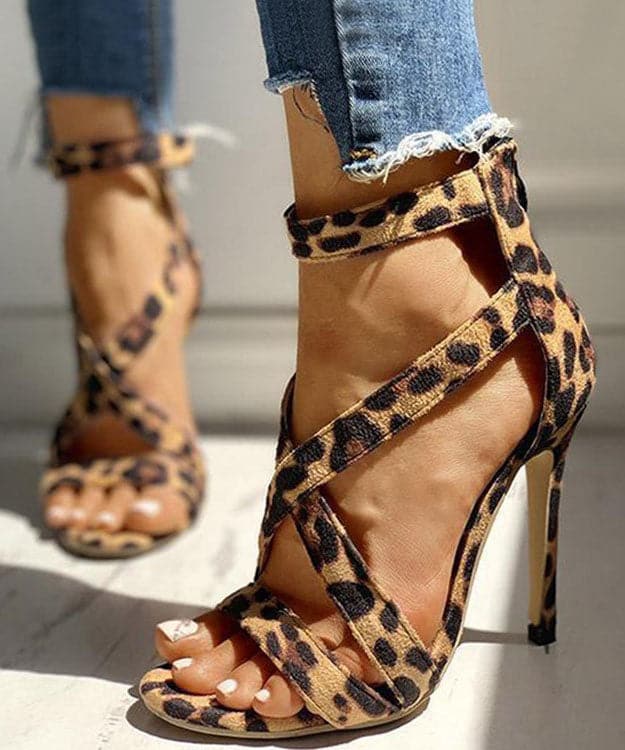 Soft Leopard Print Cross Strap zippered Stiletto Sandals Velour Fabric - High Heels - DINIBLO 