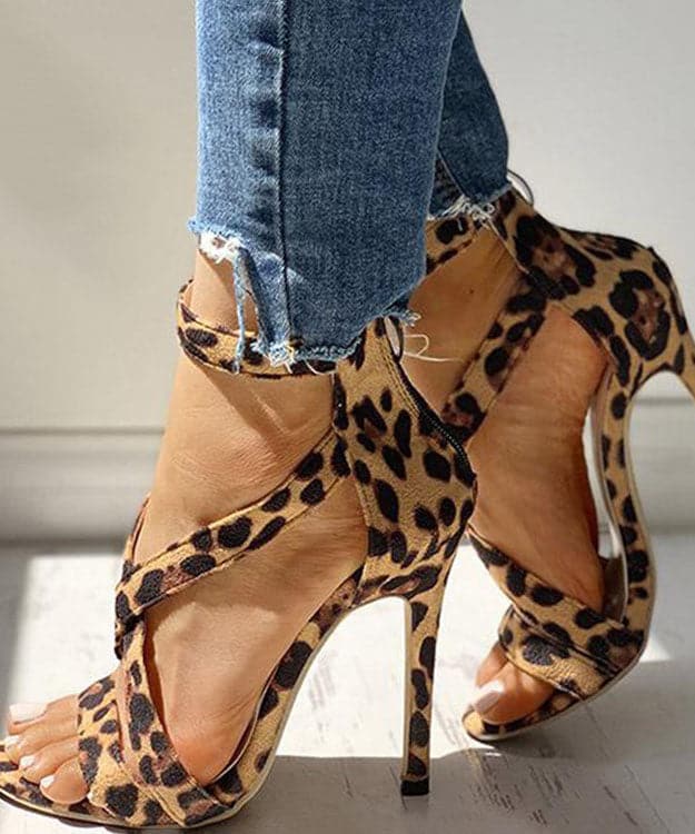 Soft Leopard Print Cross Strap zippered Stiletto Sandals Velour Fabric - High Heels - DINIBLO 