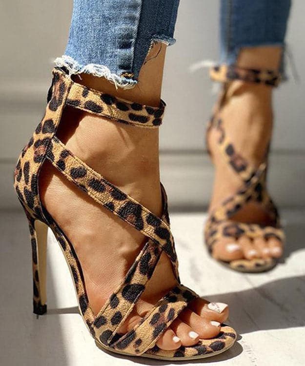 Soft Leopard Print Cross Strap zippered Stiletto Sandals Velour Fabric - High Heels - DINIBLO 