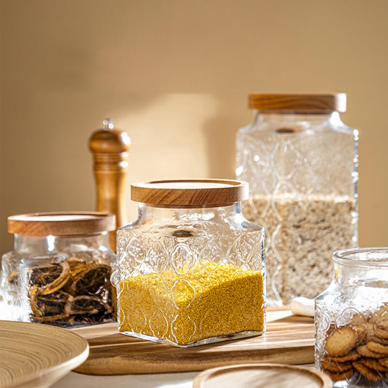 Square Embossed Glass Storage Jar - Kitchen supplies - DINIBLO 