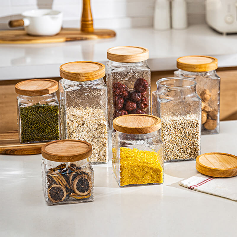 Square Embossed Glass Storage Jar - Kitchen supplies - DINIBLO 