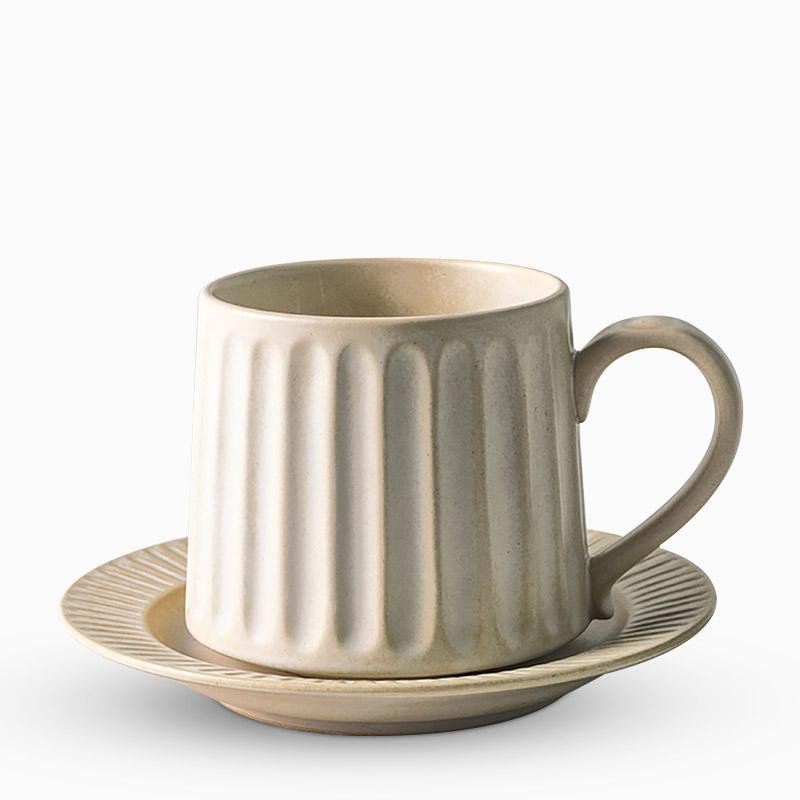 Gray Beige Ribbed Finish Stoneware Mug Coffee Cup Teacup and Saucer - Home Decor > Storage Containers > Cups & Bowls & Spoons - DINIBLO 