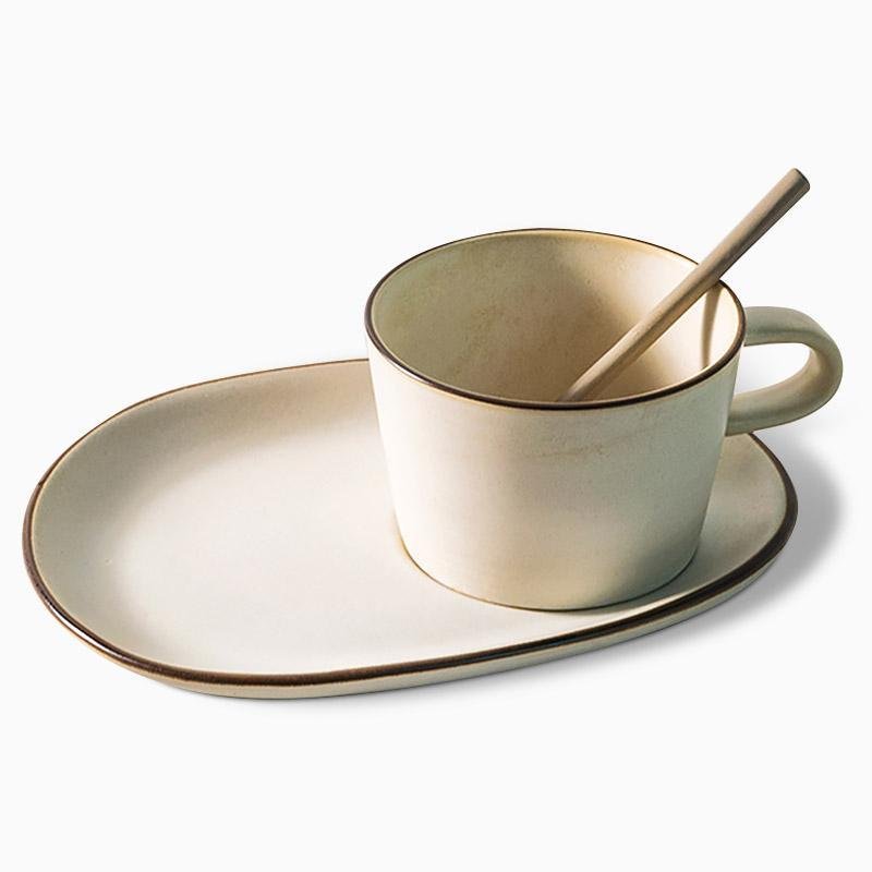 White Stoneware Mug Coffee Cup Teacup with Oval Rectangle Saucer - Home Decor > Storage Containers > Cups & Bowls & Spoons - DINIBLO 