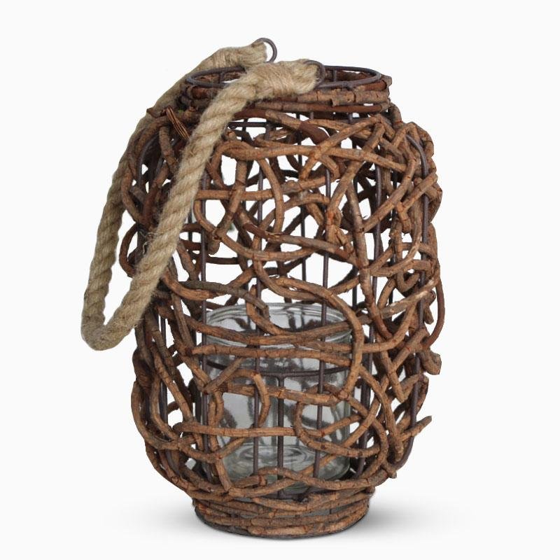 Farmhouse Vintage Garden Floor Wicker Woven Lantern with Sing Rope Handle - Home Decor > Candle holders & Lanterns > Lanterns - DINIBLO 