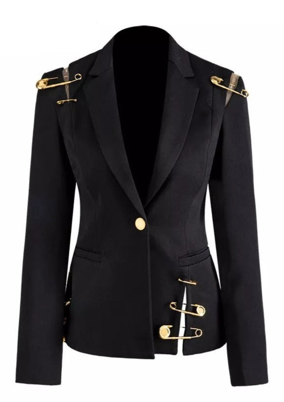 Black Blazer With Golden Safety Pin Trims -  - DINIBLO 