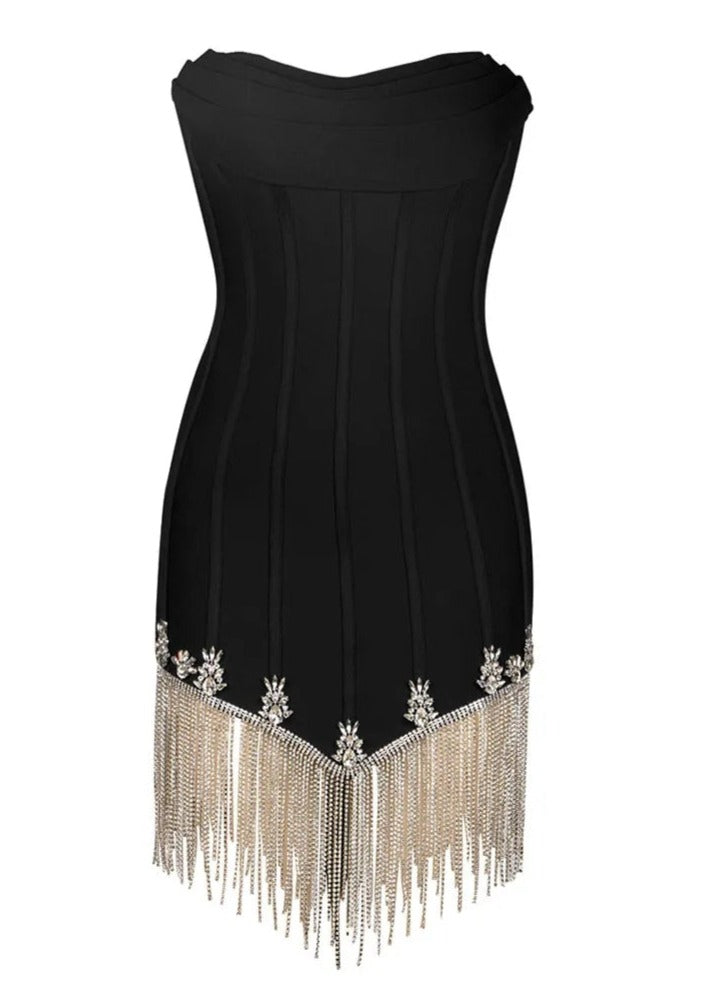 Corset Mini Black Dress with Rhinestone Threads -  - DINIBLO 