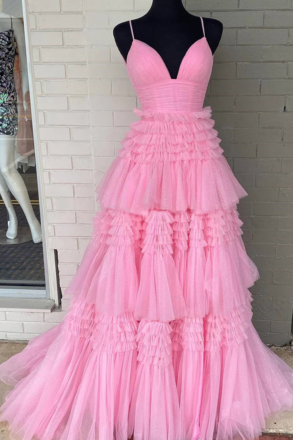 Tulle Deep V Neck Spaghetti Straps Long Prom Dress - Prom Dress - DINIBLO 