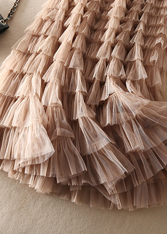 Unique Chocolate Apricot Patchwork wrinkled Tulle Skirts Spring - Skirts - DINIBLO 