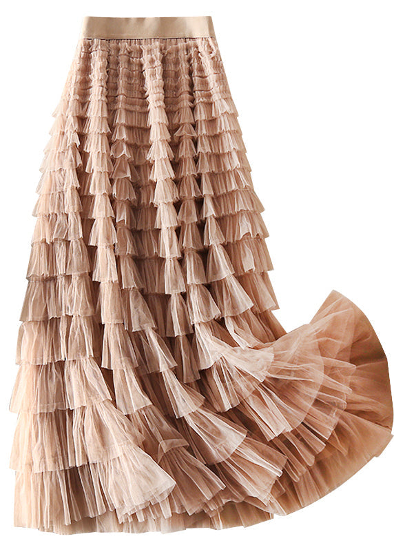 Unique Chocolate Apricot Patchwork wrinkled Tulle Skirts Spring - Skirts - DINIBLO 